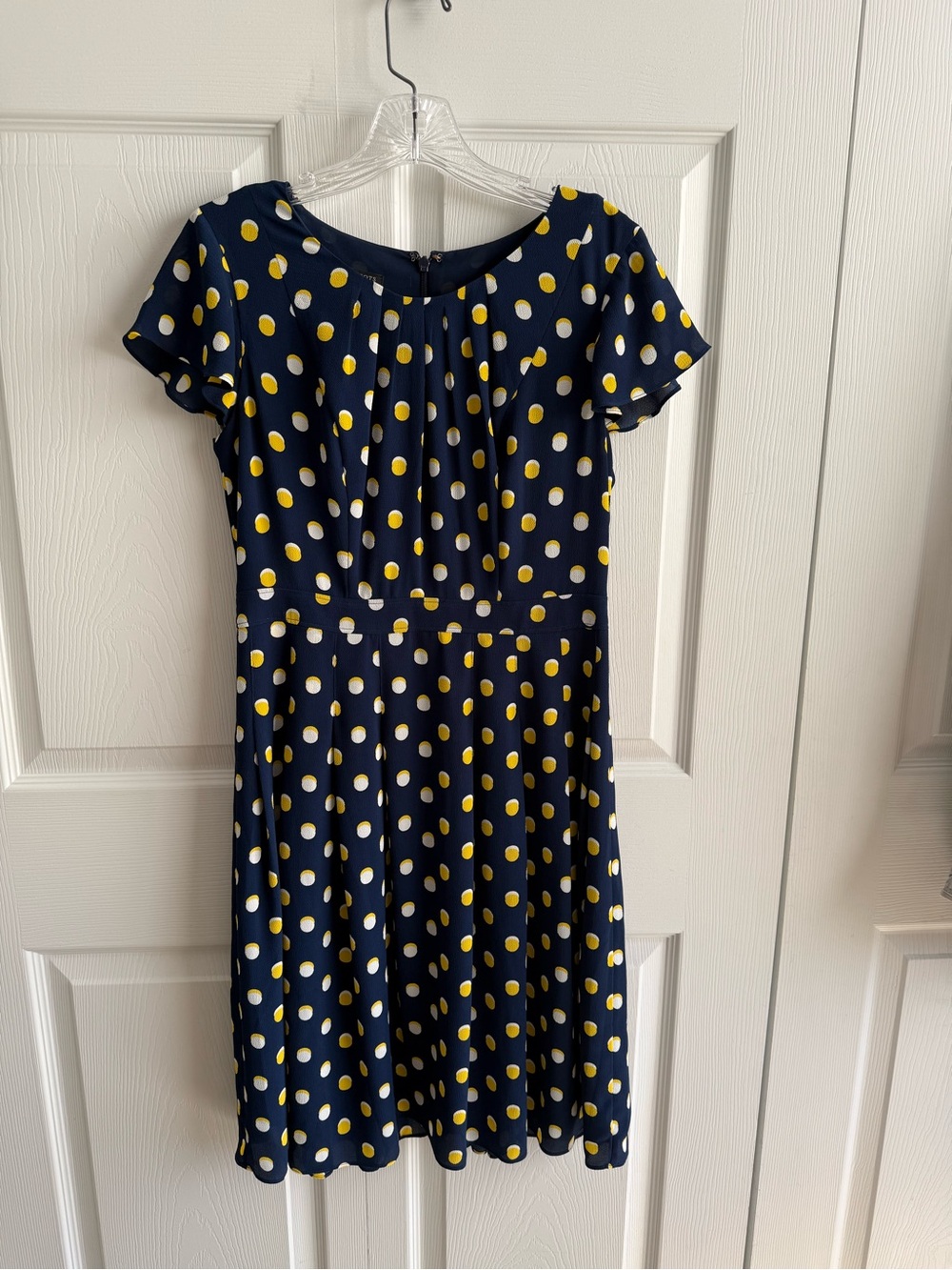 Navy Polka Dot Fit-and-Flare Dress talbots knee length- Yellow & White Dots 4p